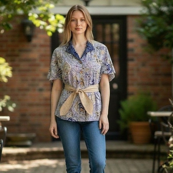 HearSay Tops - VTG HearSay Batik Animal Print Short Sleeve Belted Button Up Top Blue Tan Sz S/M